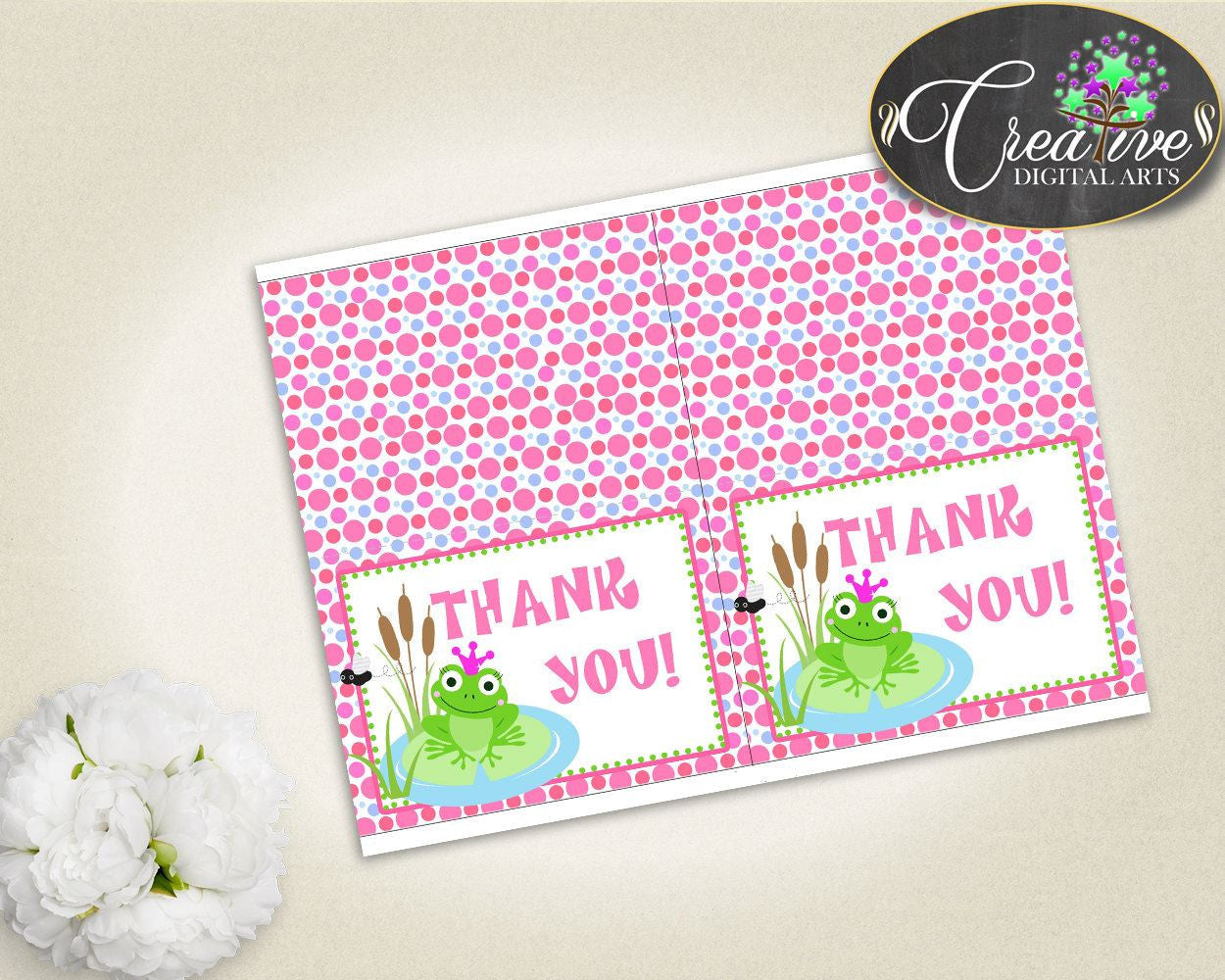 Pink THANK YOU folded card, frog thank you, pink dots party thank you card printable, digital, jpg pdf, instant download - bsf01 - Digital Product