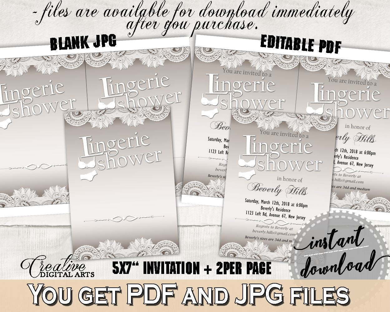 Lingerie Shower Invitation Editable in Traditional Lace Bridal Shower Brown And Silver Theme, pdf invitation, party ideas, prints - Z2DRE - Digital Product