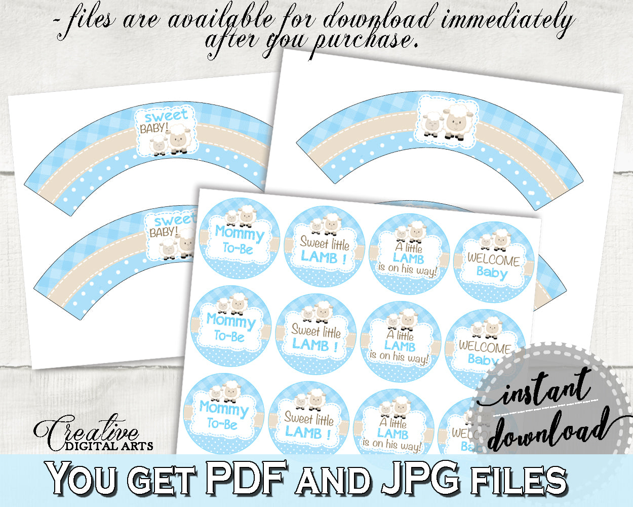 Little Lamb Baby shower Boy CUPCAKE TOPPERS and cupcake WRAPPERS printable blue theme sheep, digital Jpg Pdf, instant download - fa001