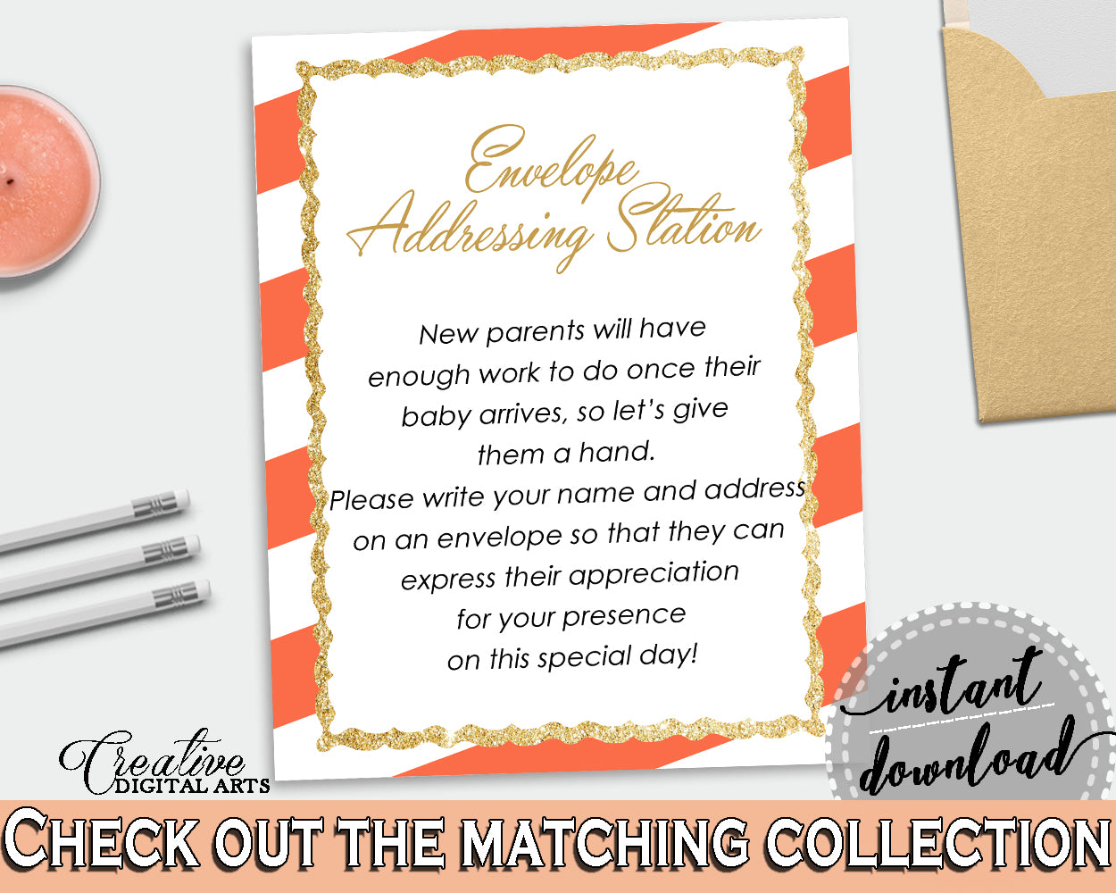 ENVELOPE ADDRESSING STATION baby shower sign with gold glitter title and orange white stripes for baby shower girl, instant download - bs003