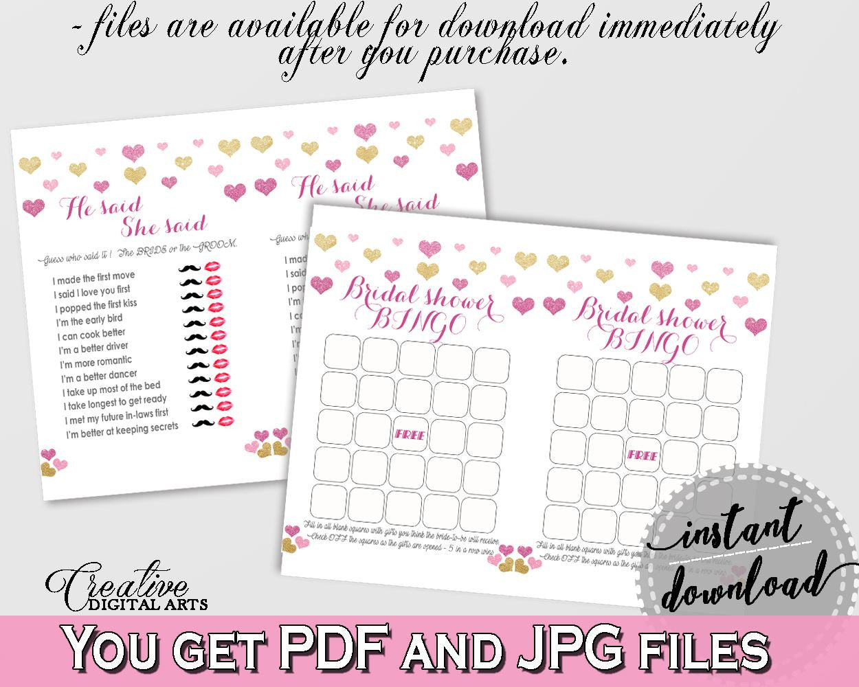 Glitter Hearts Bridal Shower Games Bundle in Gold And Pink, games deal, pink gold glitter, pdf jpg, printables, prints, party décor - WEE0X - Digital Product
