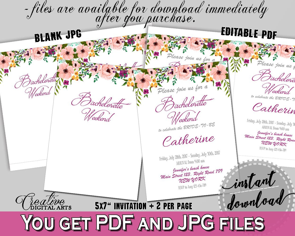 White And Pink Watercolor Flowers Bridal Shower Theme: Bachelorette Weekend Invitation Editable - participation, party plan - 9GOY4 - Digital Product