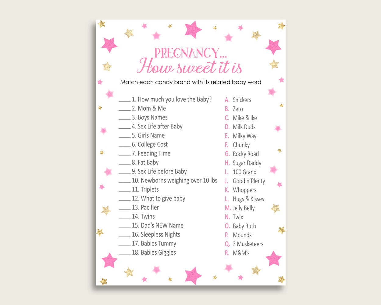 Pink Gold Pregnancy How Sweet It Is Game, Twinkle Star Baby Shower Girl, Printable Candy Bar Match Game, Instant Download, Cute Stars bsg01