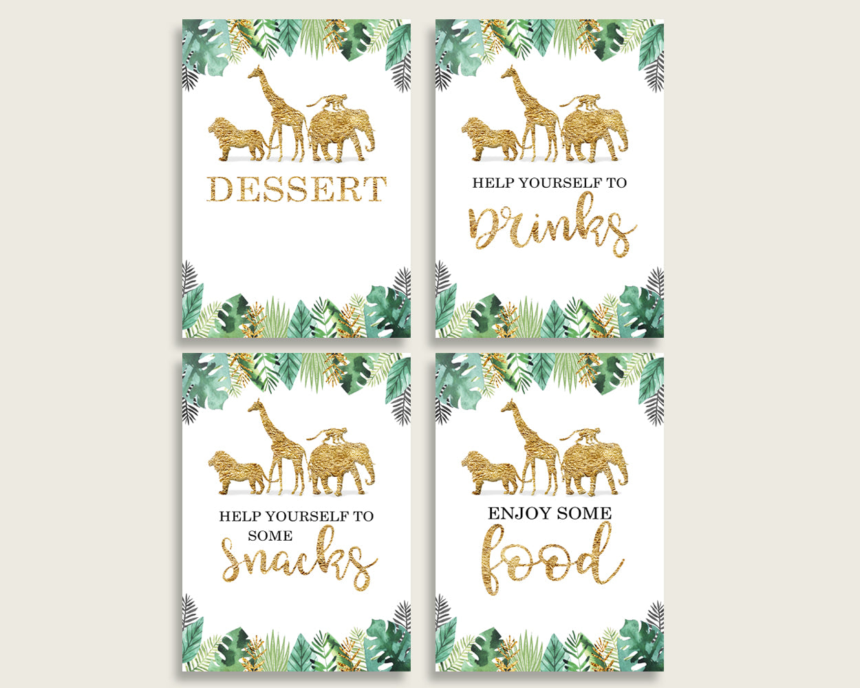 Jungle Baby Shower Gender Neutral Table Signs Printable, Gold Green Party Table Decor, Favors, Food, Drink, Treat, Guest Book, Instant EJRED