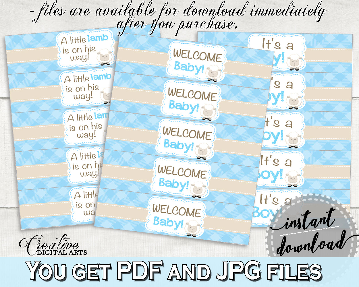 Little Lamb Baby Shower WATER BOTTLE LABELS boy shower blue printable sheep theme, digital files, Pdf Jpg, instant download - fa001