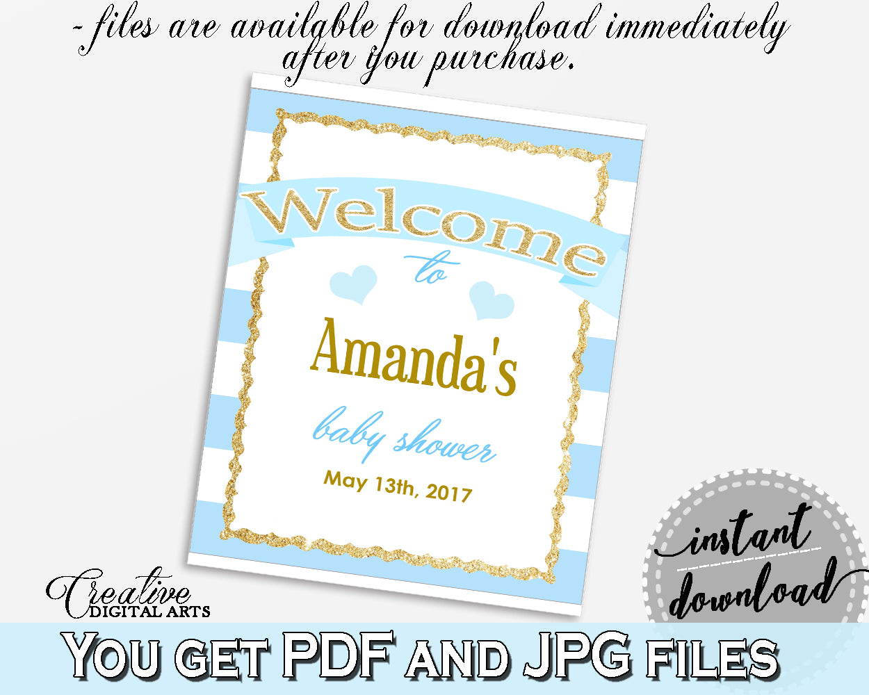 Baby Shower editable and printable WELCOME sign with blue stripes theme, glitter gold, digital files, pdf jpg, instant download - bs002