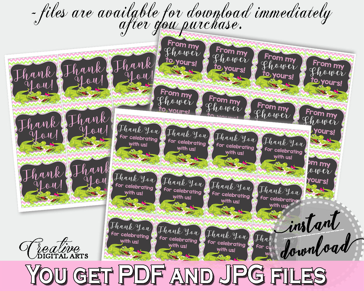 Baby shower THANK YOU favor tags square printable with green alligator and pink color theme for girl, instant download - ap001