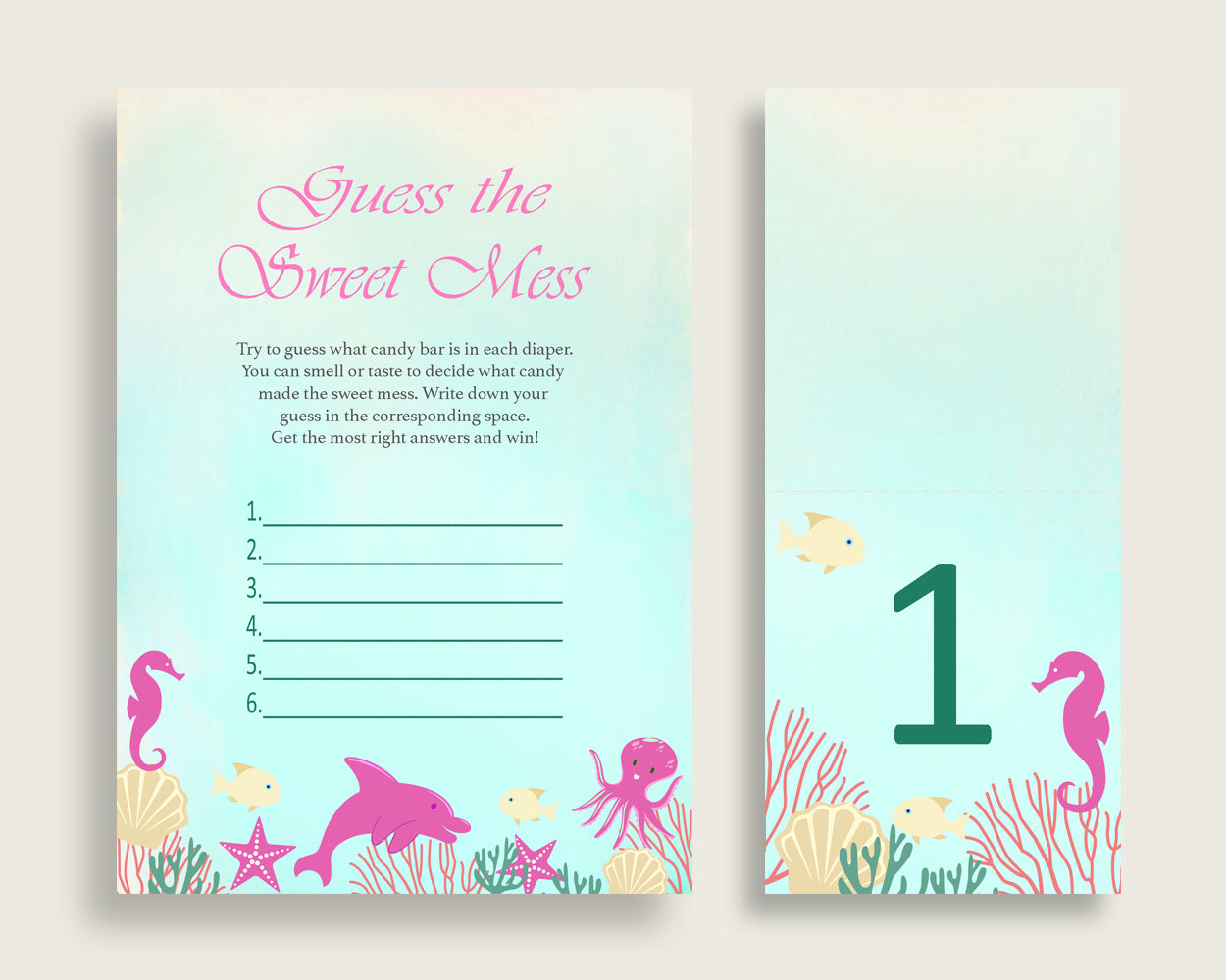 Under The Sea Guessing Game Baby Shower Girl, Pink Green Guess The Sweet Mess Game Printable, Dirty Diaper Game, Instant Download, uts01