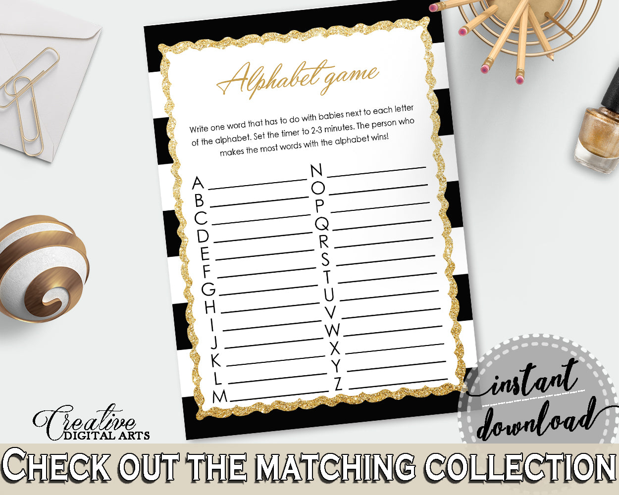 Baby Shower ABC's game with black white stripes theme printable glitter, digital file, Jpg and Pdf, instant download - bs001