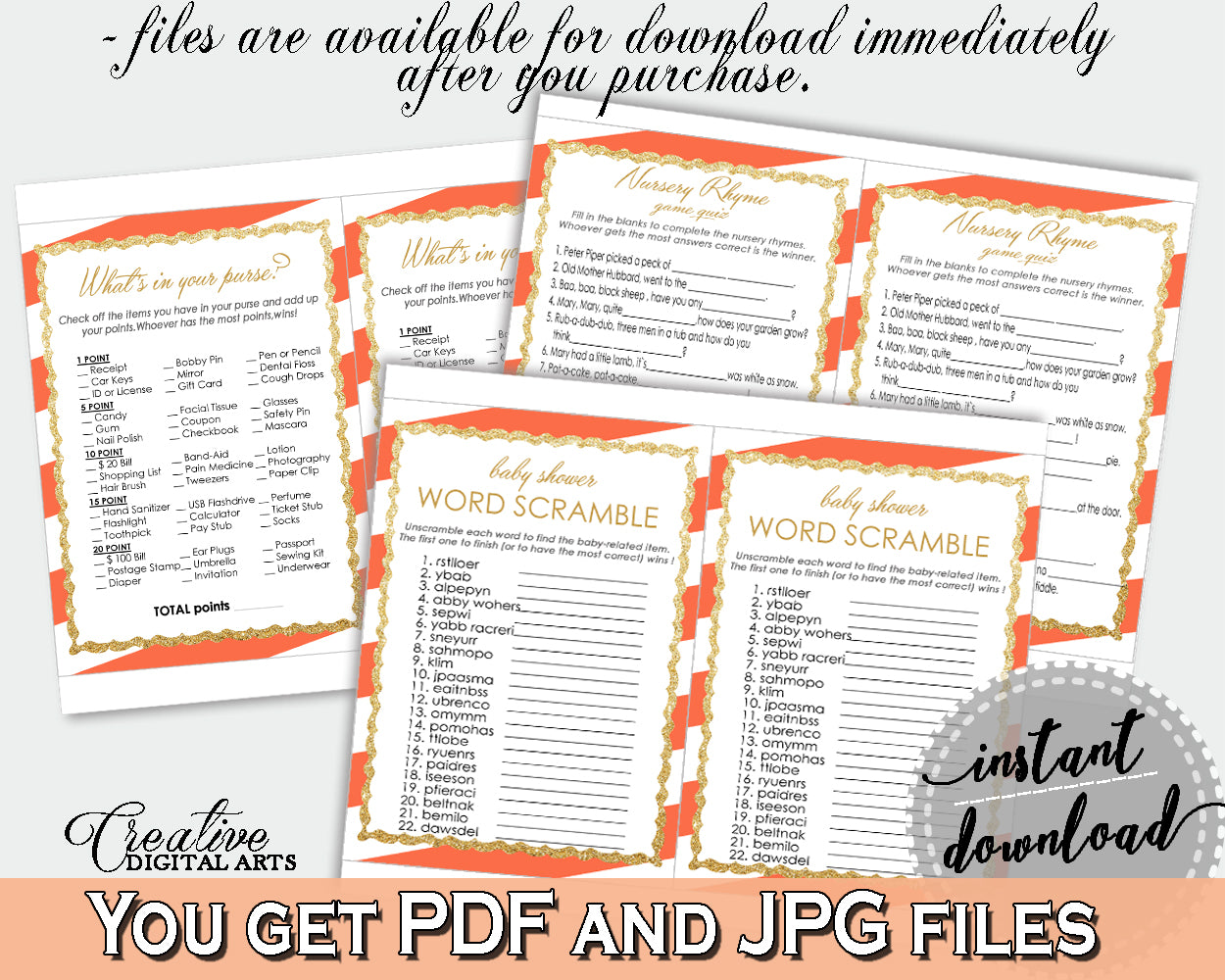 8 Orange Baby Shower games, Invitation Editable, gender neutral shower prints, baby shower games stripes, pdf jpg - Instant Download - bs003
