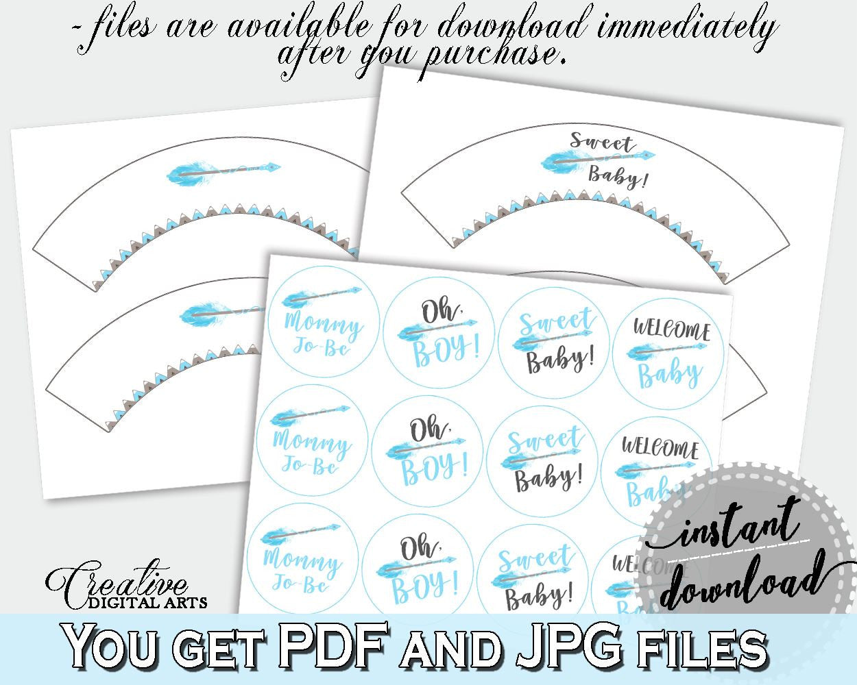 Cupcake Toppers And Wrappers Baby Shower Cupcake Toppers And Wrappers Aztec Baby Shower Cupcake Toppers And Wrappers Blue White Baby QAQ18 - Digital Product