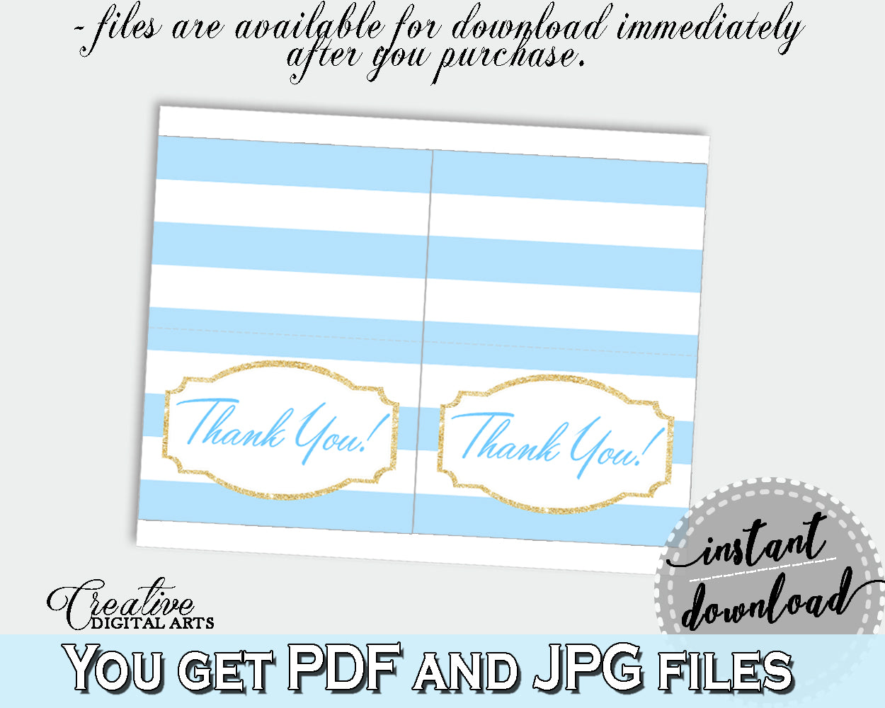 Baby shower printable THANK YOU card with blue and white stripes for boys, digital jpg pdf, instant download - bs002