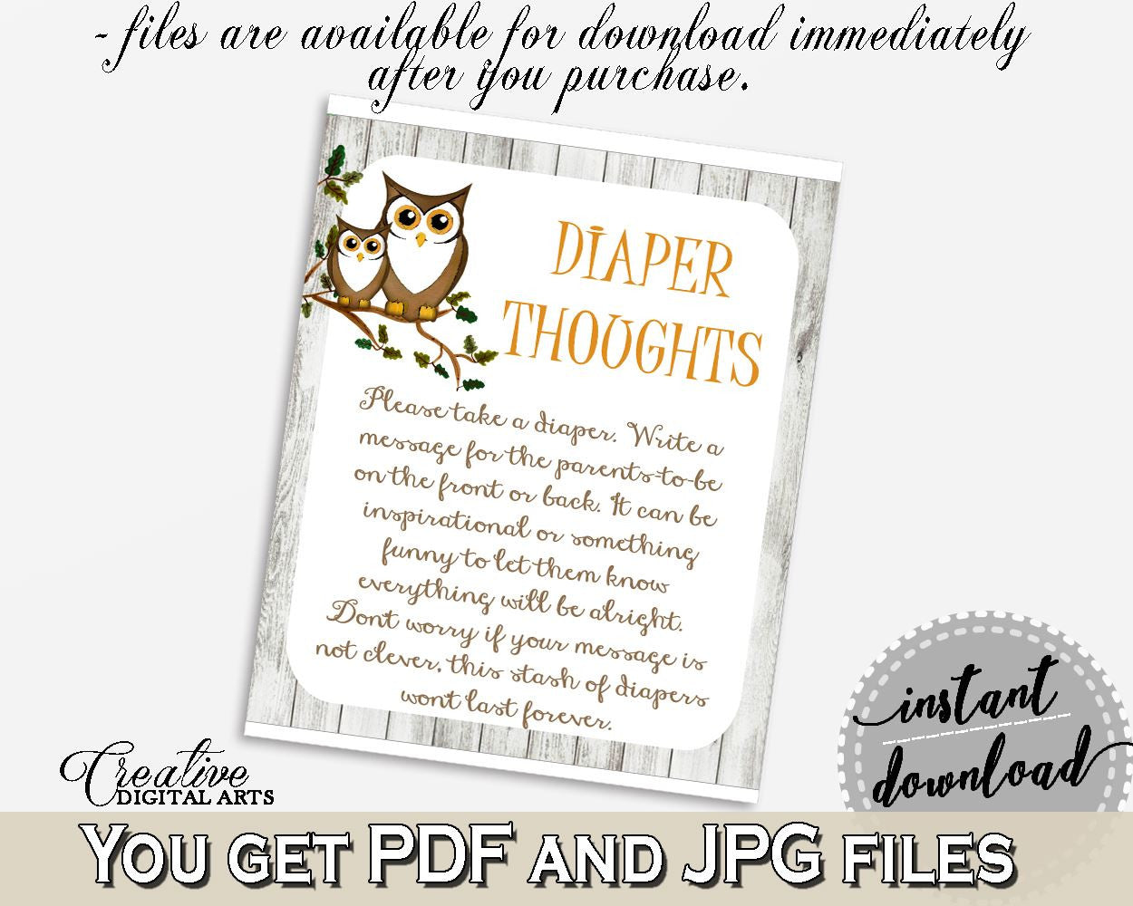 Diaper Thoughts Baby Shower Diaper Thoughts Owl Baby Shower Diaper Thoughts Baby Shower Owl Diaper Thoughts Gray Brown party theme 9PUAC - Digital Product