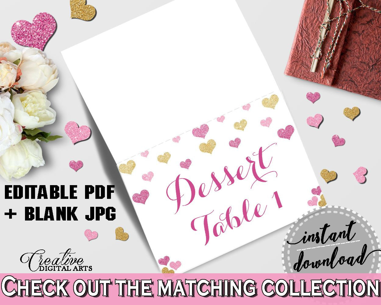 Glitter Hearts Bridal Shower Food Tent in Gold And Pink, place setting, lovely bridal shower, party plan, party planning, prints - WEE0X - Digital Product