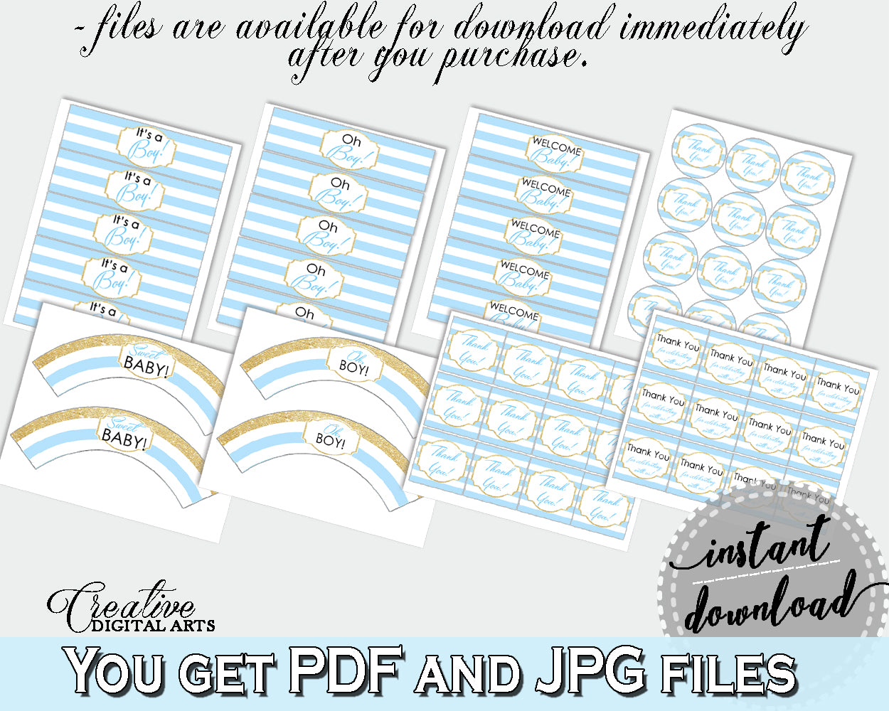 Baby Shower Decoration package bundle printable with Blue Stripes for boys, digital Jpg Pdf - Instant Download - bs002