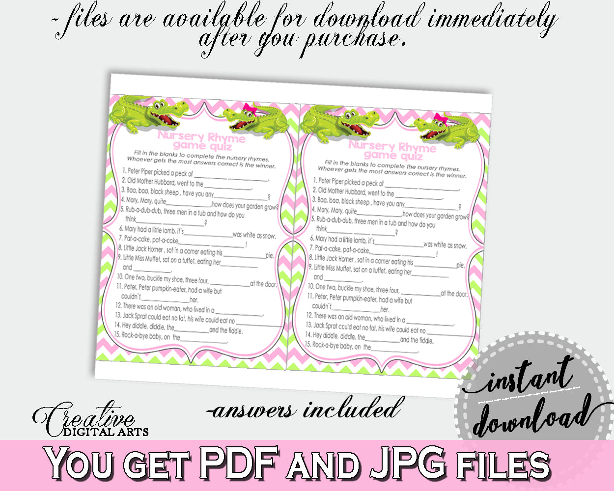 Baby Shower NURSERY RHYME QUIZ game with green alligator and pink color theme, instant download - ap001