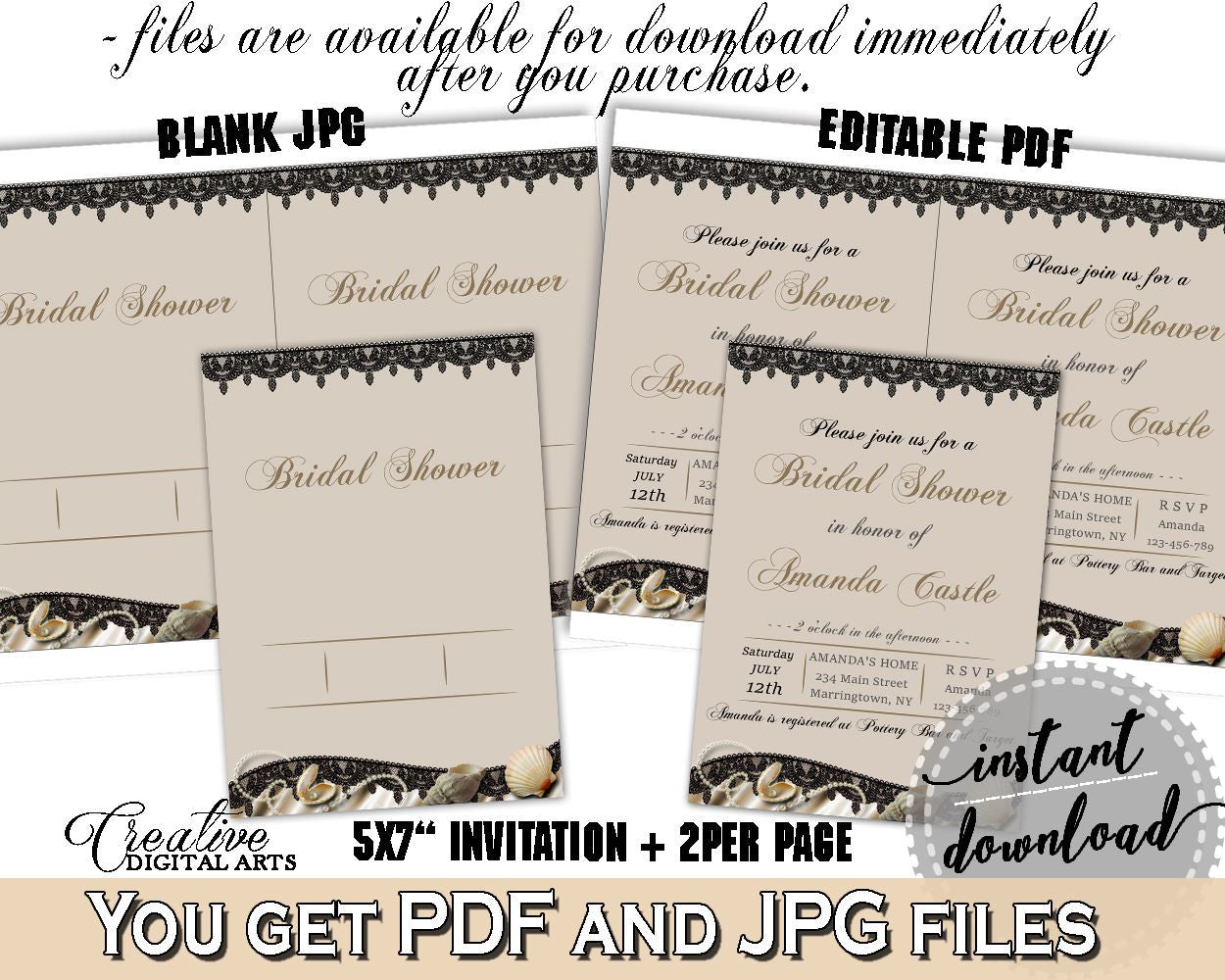Brown And Beige Seashells And Pearls Bridal Shower Theme: Editable Bridal Shower Invitation - bridal shower invite, pdf jpg - 65924 - Digital Product
