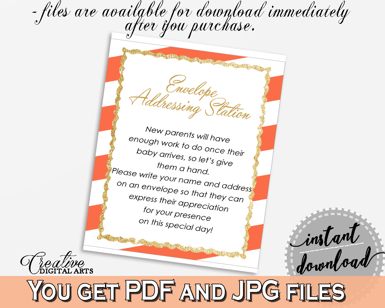 ENVELOPE ADDRESSING STATION baby shower sign with gold glitter title and orange white stripes for baby shower girl, instant download - bs003