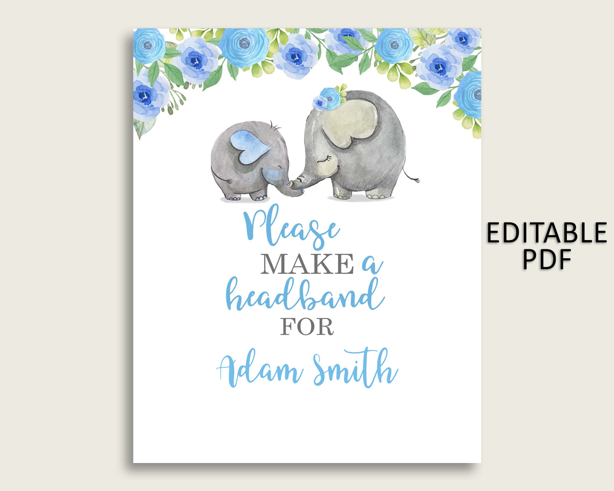 Elephant Blue Baby Shower Headband Sign, Blue Gray Headband Station Sign Editable, Boy Shower Headband For Baby, Instant Download, ebl01