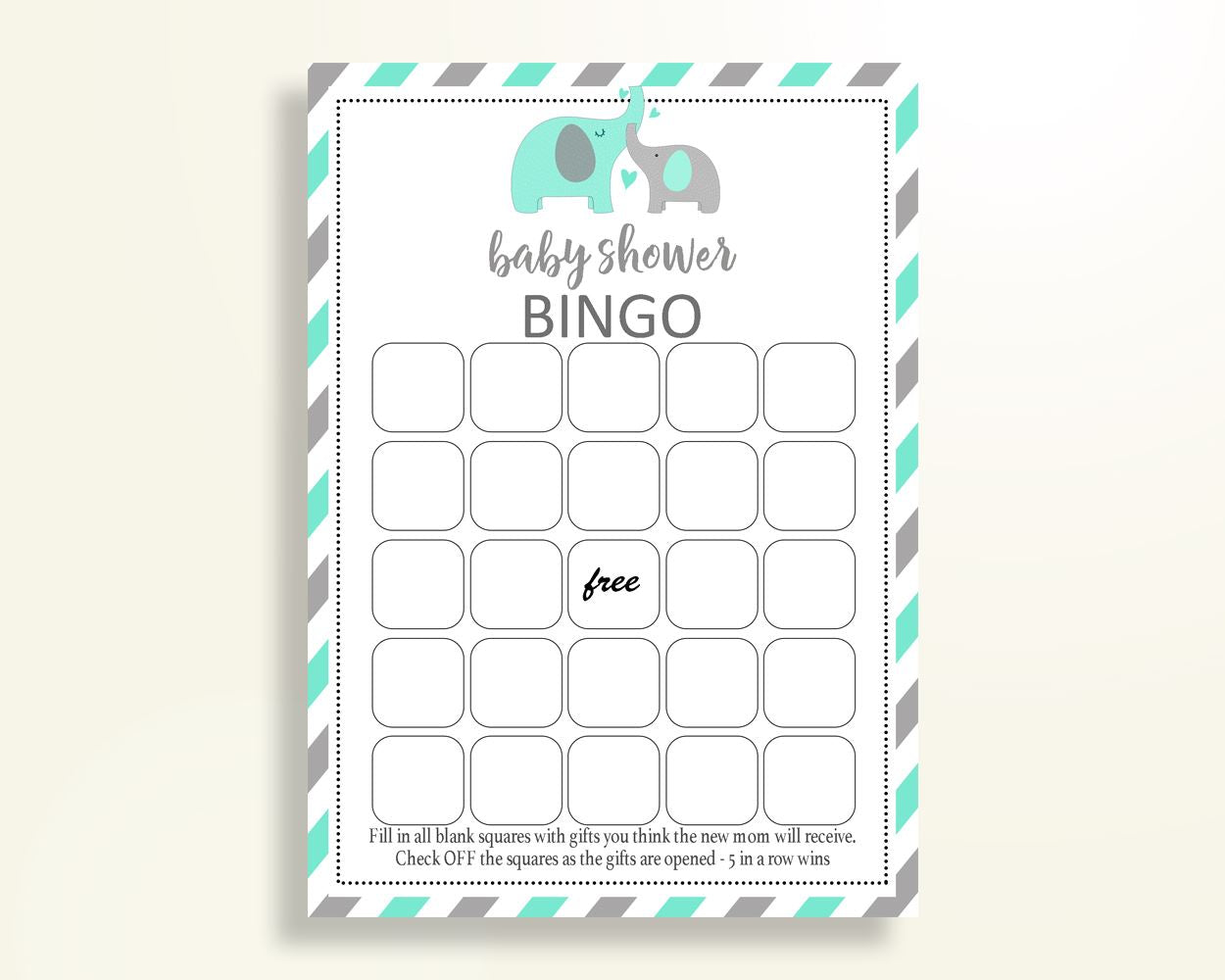 Empty Bingo Baby Shower Empty Bingo Turquoise Baby Shower Empty Bingo Baby Shower Elephant Empty Bingo Green Gray shower celebration 5DMNH - Digital Product