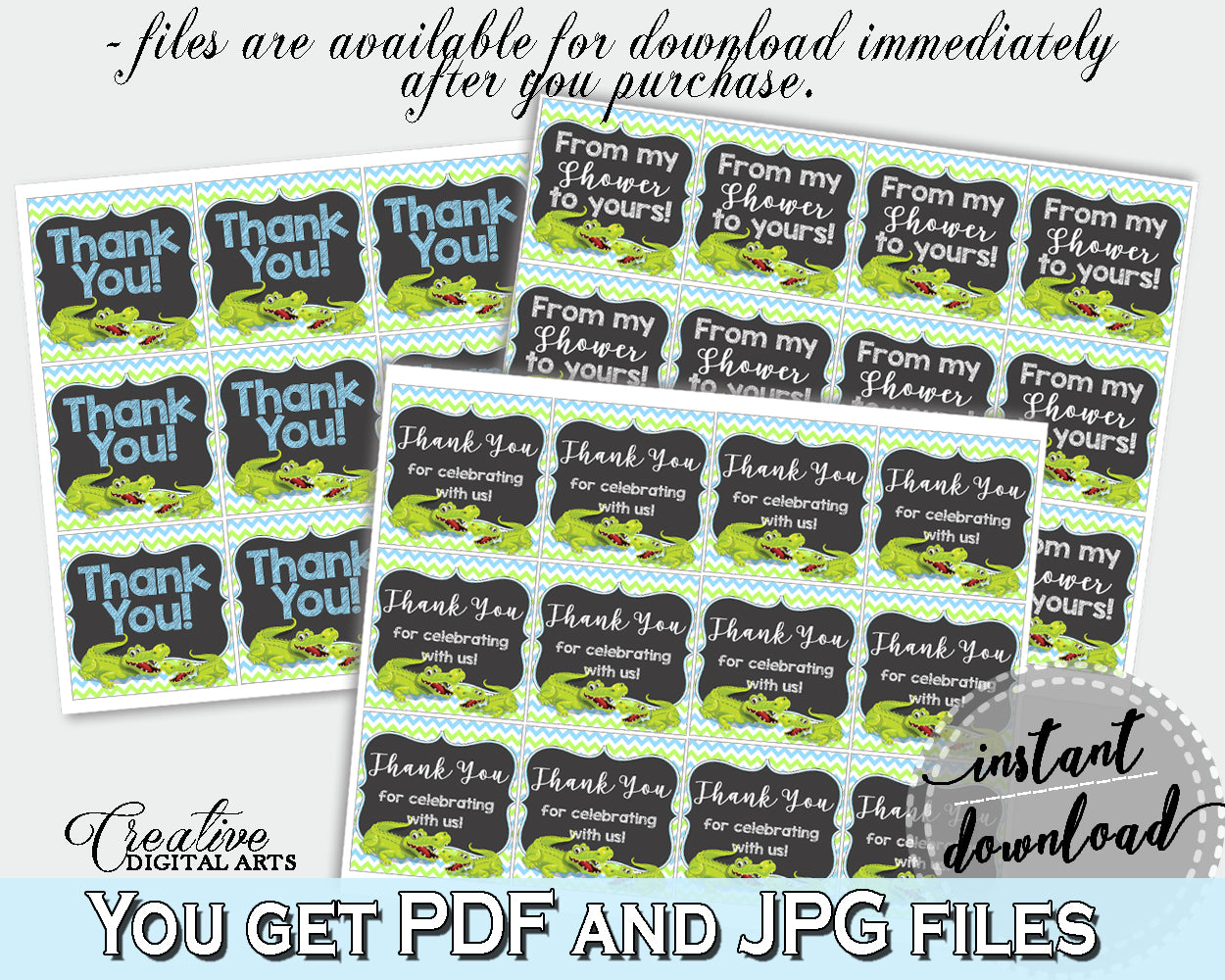 Baby shower THANK YOU favor tags square printable with green alligator and blue color theme for boys, instant download - ap002