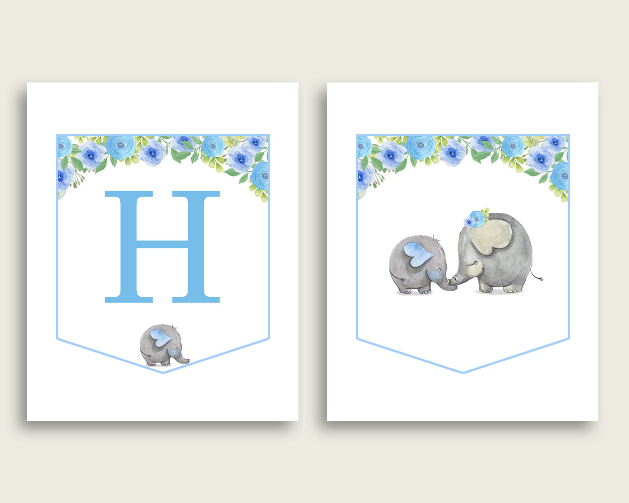 Elephant Blue Baby Shower Banner All Letters, Birthday Party Banner Printable A-Z, Blue Gray Banner Decoration Letters Boy, Mammoth ebl01