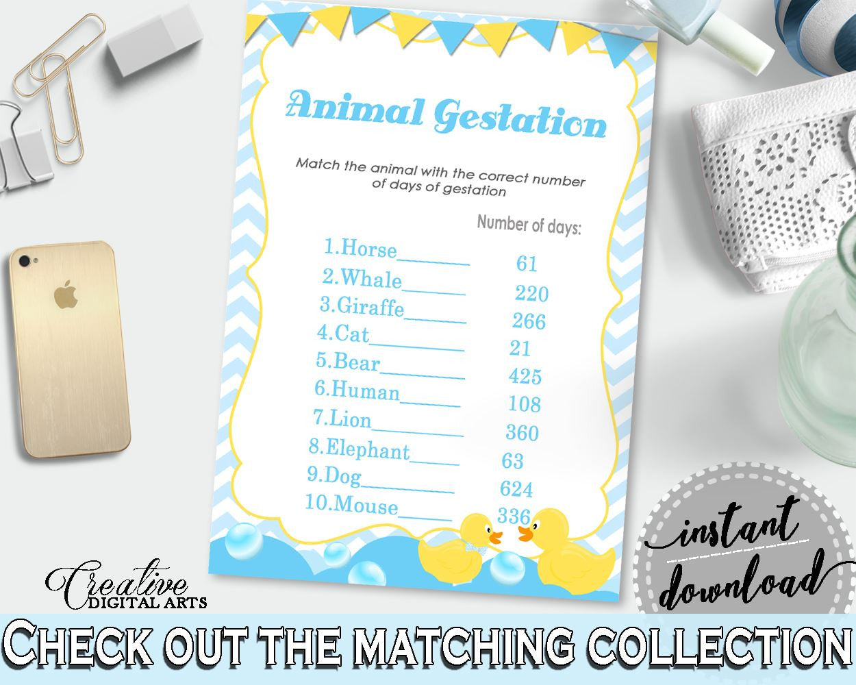 Baby Shower Boy, Rubber Ducky ANIMAL GESTATION game, mint and blue shower printable, digital files, Jpg and Pdf, instant download - rd002 - Digital Product