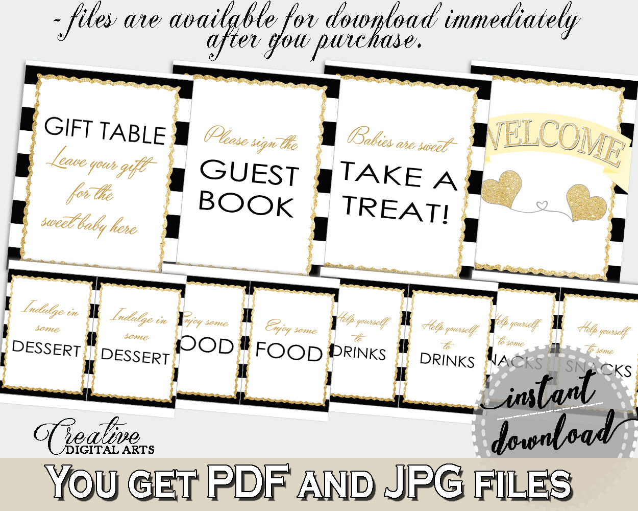 Baby shower TABLE SIGNS decoration printable with black strips color theme, black gold glitter, digital jpg pdf, instant download - bs001