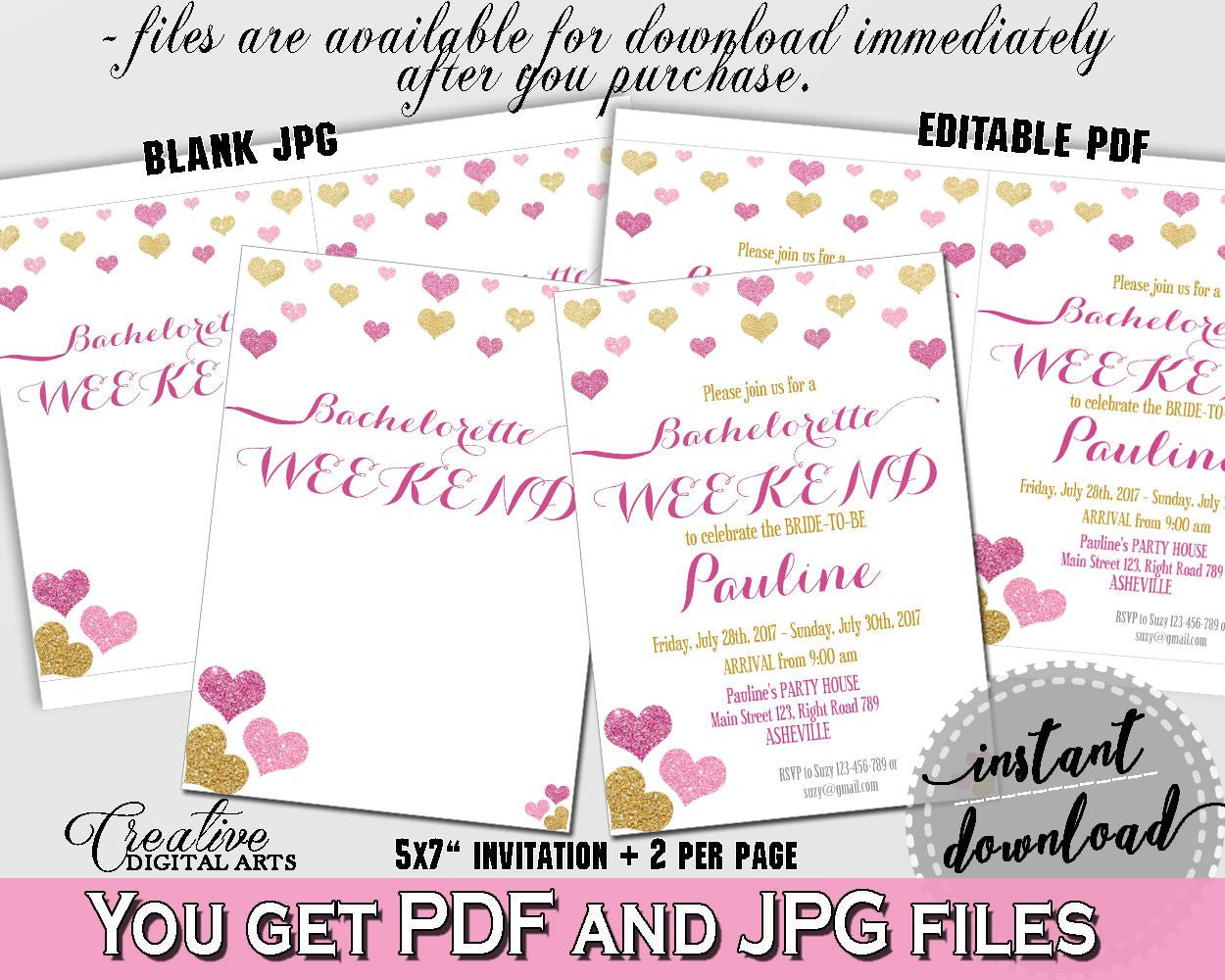 Bachelorette Weekend Invitation Editable in Glitter Hearts Bridal Shower Gold And Pink Theme, bash weekend, valentine shower, - WEE0X - Digital Product