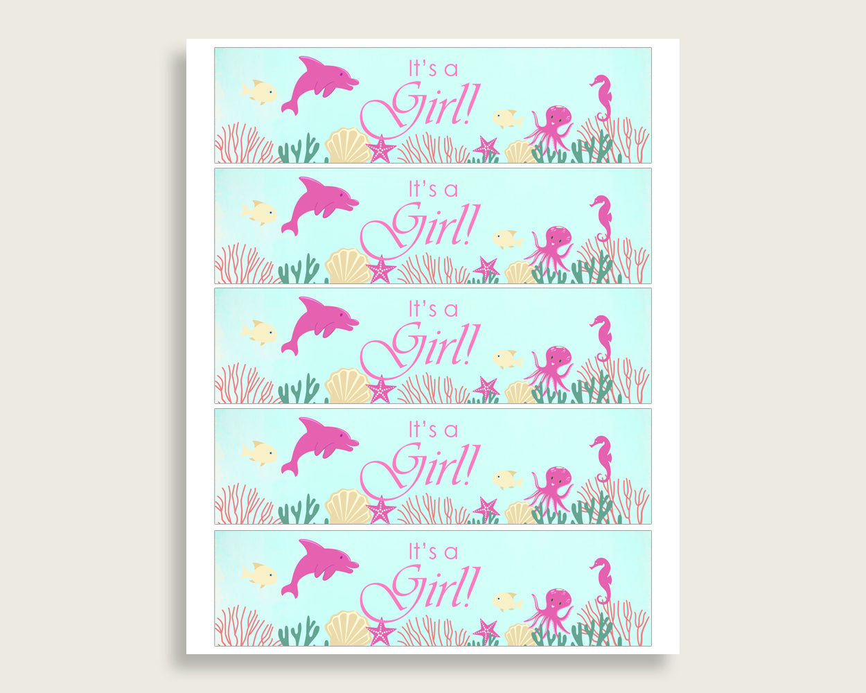 Pink Green Water Bottle Labels Printable, Under The Sea Water Bottle Wraps, Under The Sea Baby Shower Girl Bottle Wrappers, Instant uts01