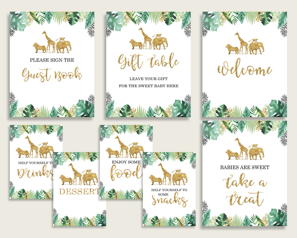 Jungle Baby Shower Gender Neutral Table Signs Printable, Gold Green Party Table Decor, Favors, Food, Drink, Treat, Guest Book, Instant EJRED