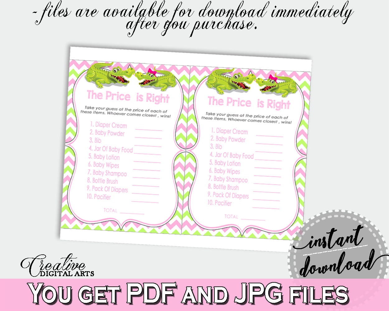 Baby Shower THE PRICE IS RIGHT game with green alligator and pink color theme, instant download - ap001