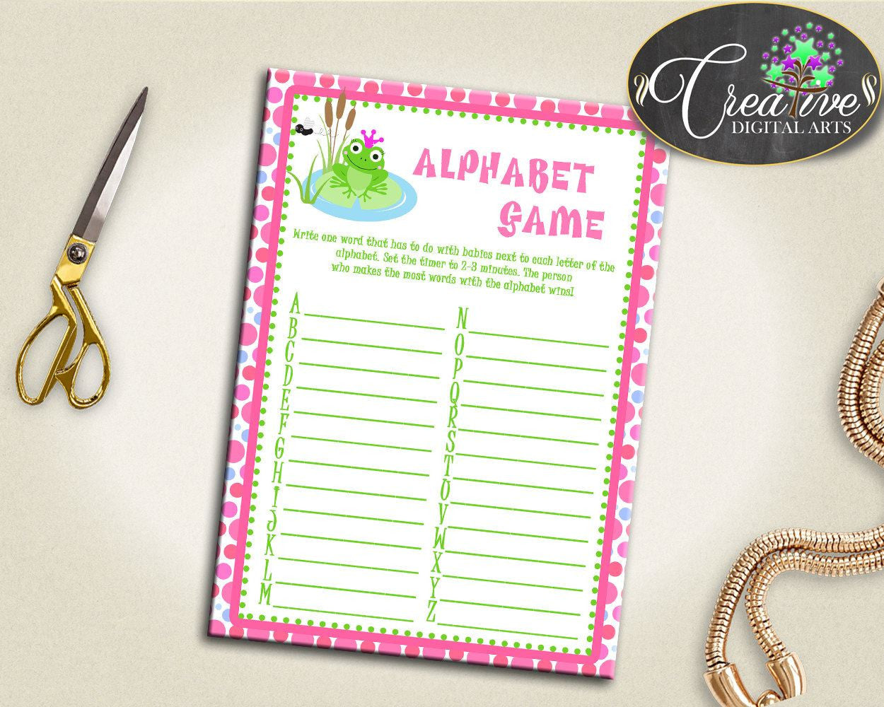 Baby Shower Dots Green And Pink Words Game Smart Activity ALPHABET GAME, Party Supplies, Paper Supplies, Digital Download - bsf01 - Digital Product