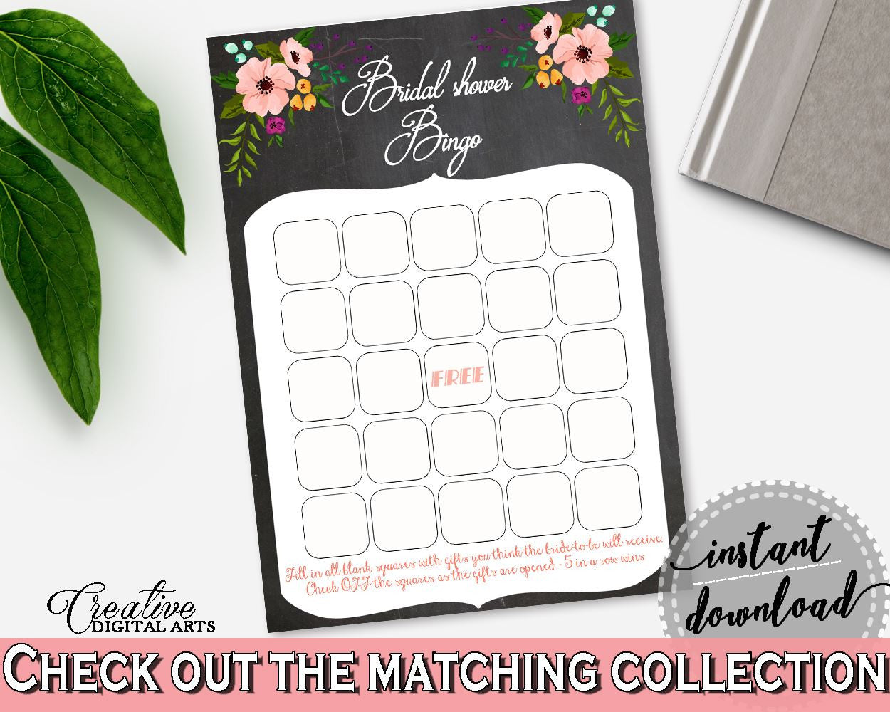 Bingo Gift Game in Chalkboard Flowers Bridal Shower Black And Pink Theme, bingo presents, black bridal shower, digital print, prints - RBZRX - Digital Product