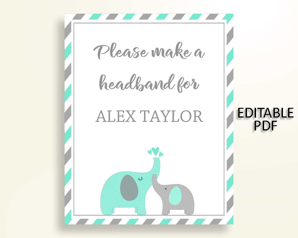 Headband Sign Baby Shower Headband Sign Turquoise Baby Shower Headband Sign Baby Shower Elephant Headband Sign Green Gray party plan 5DMNH - Digital Product