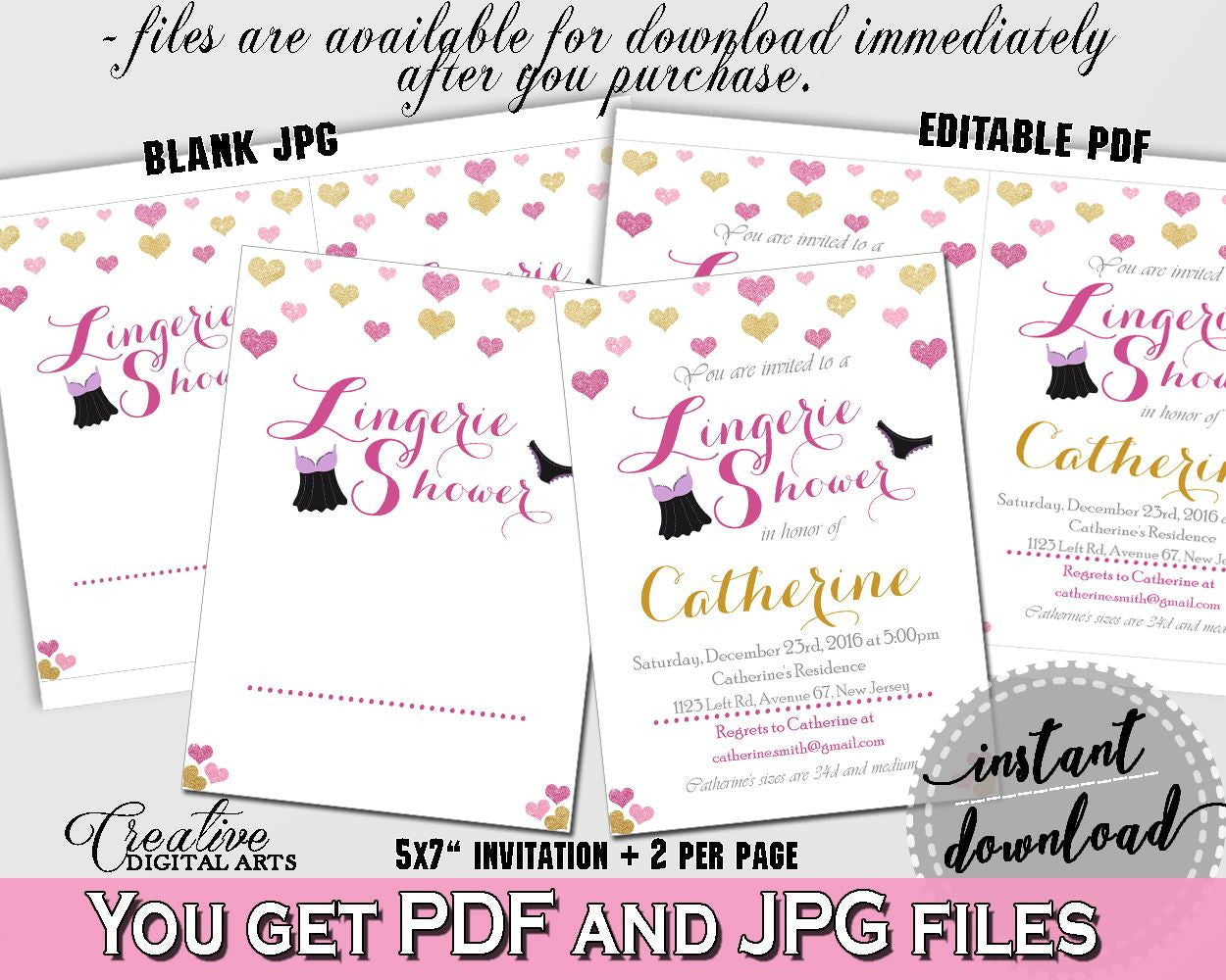 Gold And Pink Glitter Hearts Bridal Shower Theme: Lingerie Shower Invitation Editable - bridal lingerie, bridal affection, prints - WEE0X - Digital Product