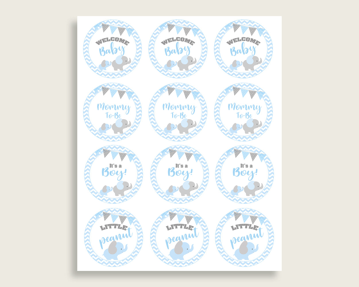 Elephant Cupcake Toppers, Blue Grey Cupcake Wrappers, Toppers Wrappers Baby Shower Boy, Instant Download, Mammoth Trunk Chevron Theme ebl02