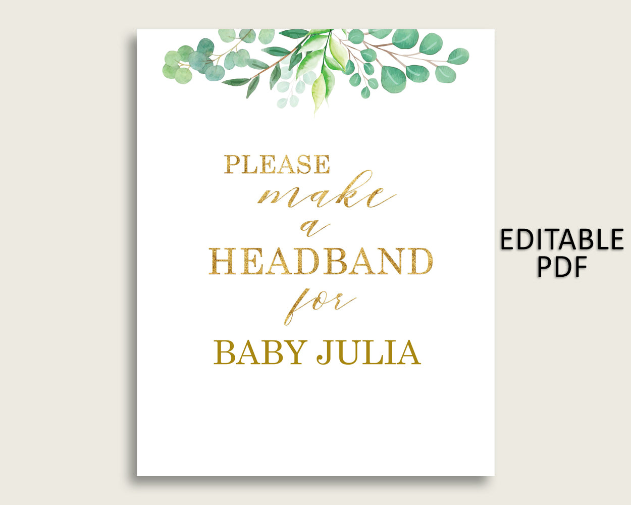 Greenery Baby Shower Headband Sign, Green Gold Headband Station Sign Editable, Gender Neutral Shower Headband For Baby, Instant Y8X33