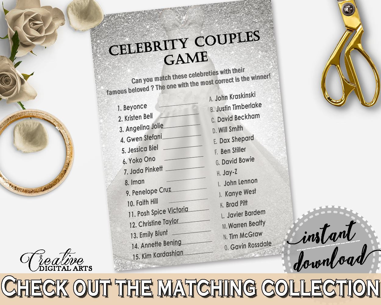 Silver And White Silver Wedding Dress Bridal Shower Theme: Celebrity Couples Game - matching name game, bridal dress, pdf jpg - C0CS5 - Digital Product