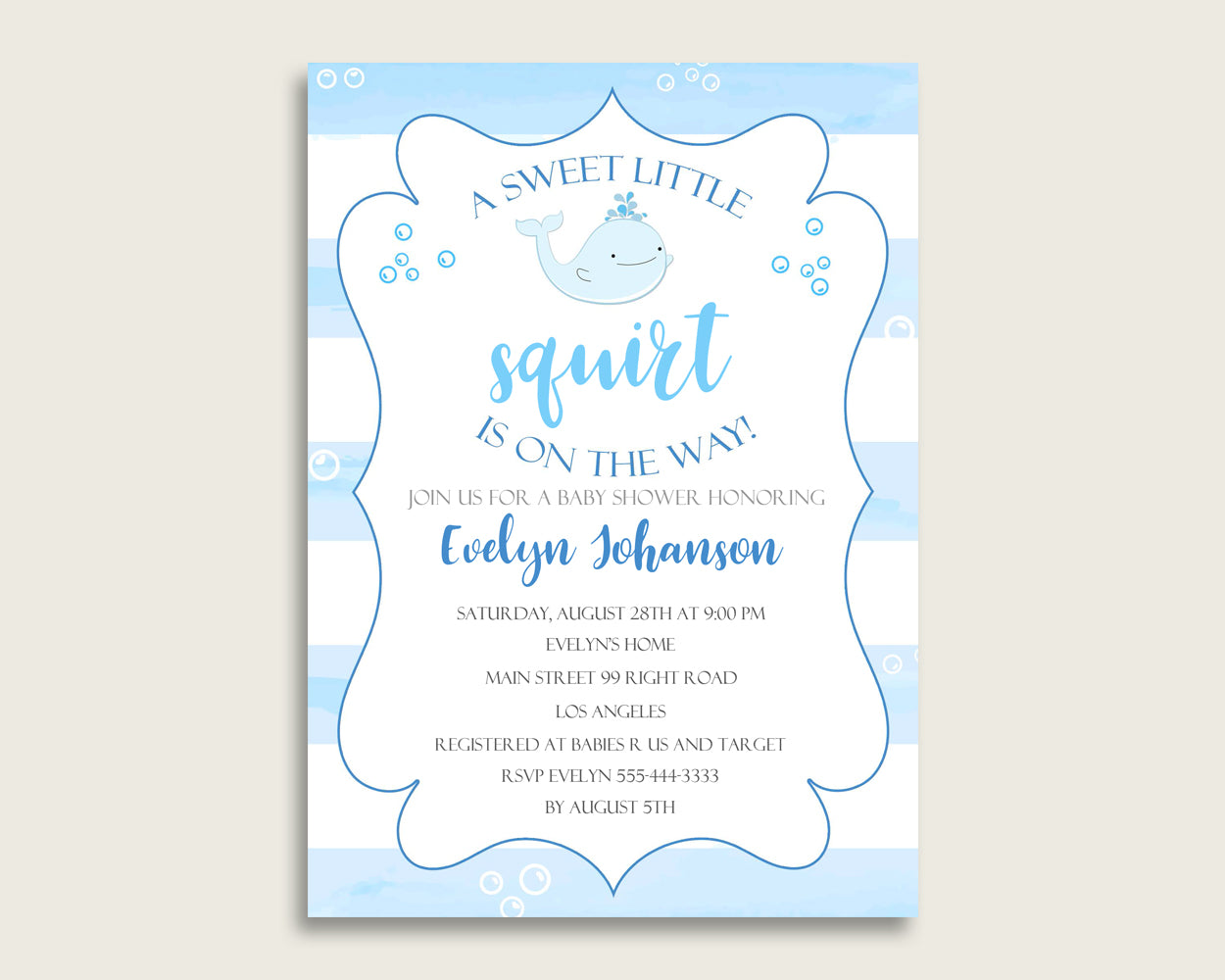 Whale Baby Shower Invitations Printable, Digital Or Printed Invitation Baby Shower Boy, Editable Invitation Blue White Nautical Sea wbl01