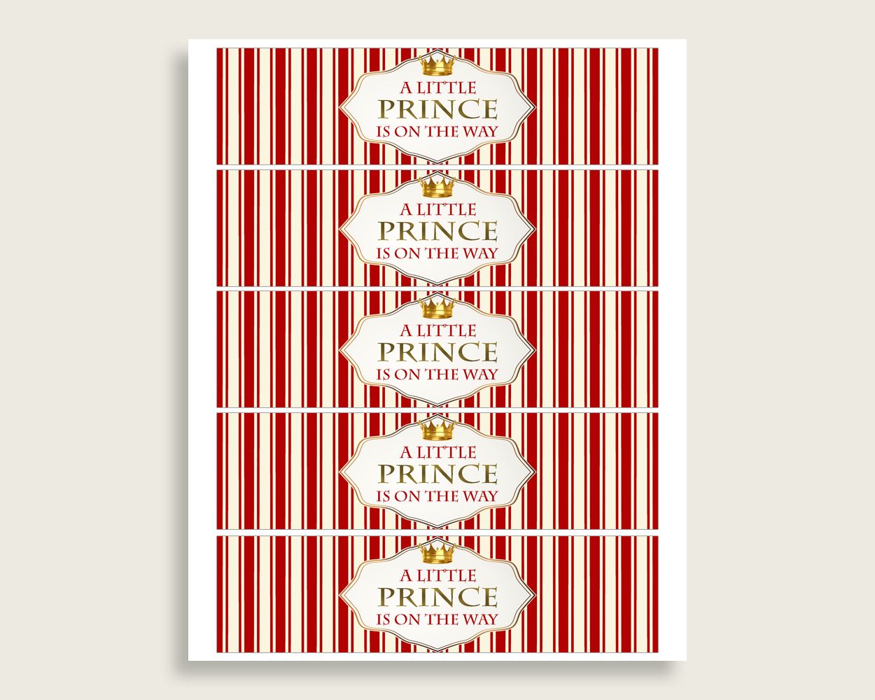 Red Gold Water Bottle Labels Printable, Prince Water Bottle Wraps, Prince Baby Shower Boy Bottle Wrappers, Instant Download, Crown 92EDX