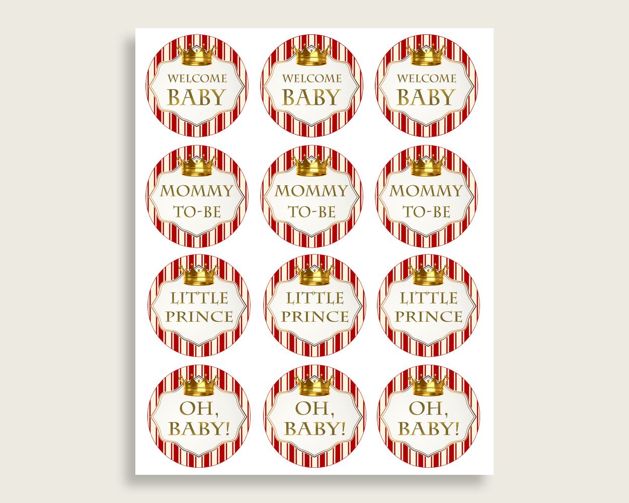 Prince Cupcake Toppers, Red Gold Cupcake Wrappers, Toppers Wrappers Baby Shower Boy, Instant Download, Crown Most Popular Cute Theme 92EDX