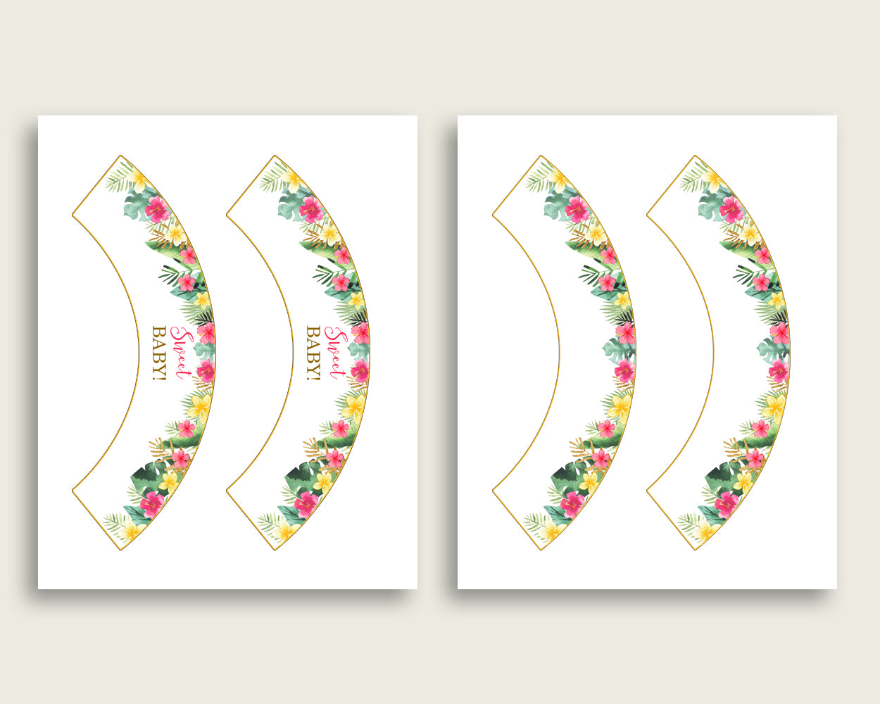 Hawaiian Cupcake Toppers, Pink Green Cupcake Wrappers, Toppers Wrappers Baby Shower Girl, Instant Download, Luau Aloha Palm Leaves 955MG
