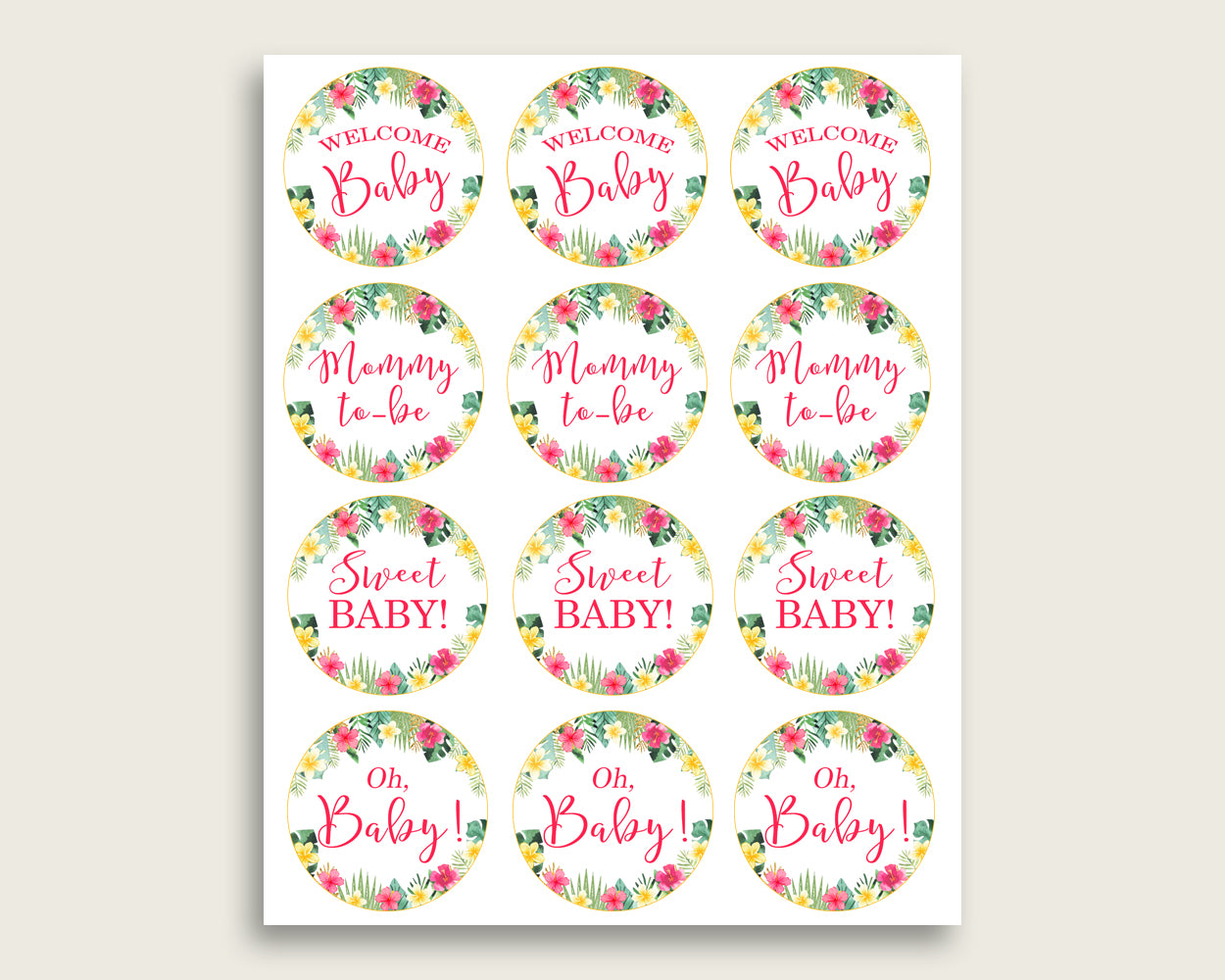 Hawaiian Cupcake Toppers, Pink Green Cupcake Wrappers, Toppers Wrappers Baby Shower Girl, Instant Download, Luau Aloha Palm Leaves 955MG