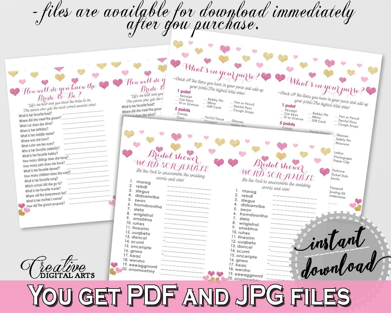 Glitter Hearts Bridal Shower Games Bundle in Gold And Pink, games deal, pink gold glitter, pdf jpg, printables, prints, party décor - WEE0X - Digital Product