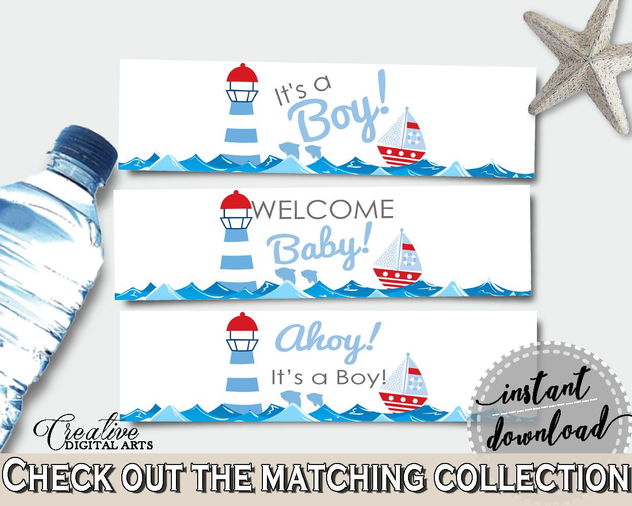 Bottle Labels Baby Shower Bottle Labels Nautical Baby Shower Bottle Labels Baby Shower Nautical Bottle Labels Blue Red party theme DHTQT - Digital Product