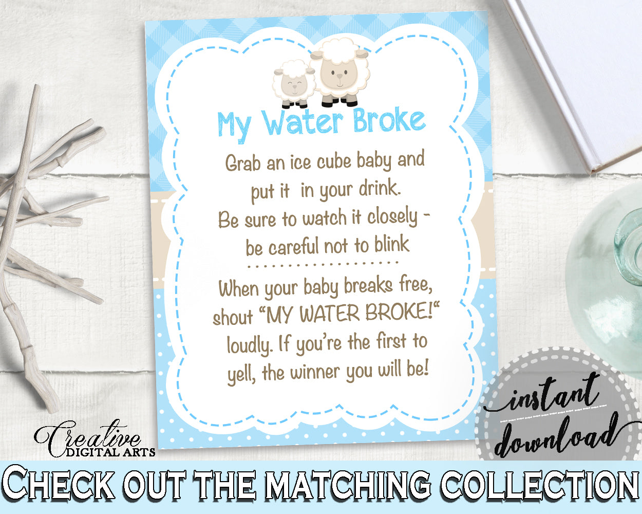 Baby Shower Boy MY WATER BROKE lamb game, sheep shower blue theme printable, Digital Files Jpg Pdf, instant download - fa001