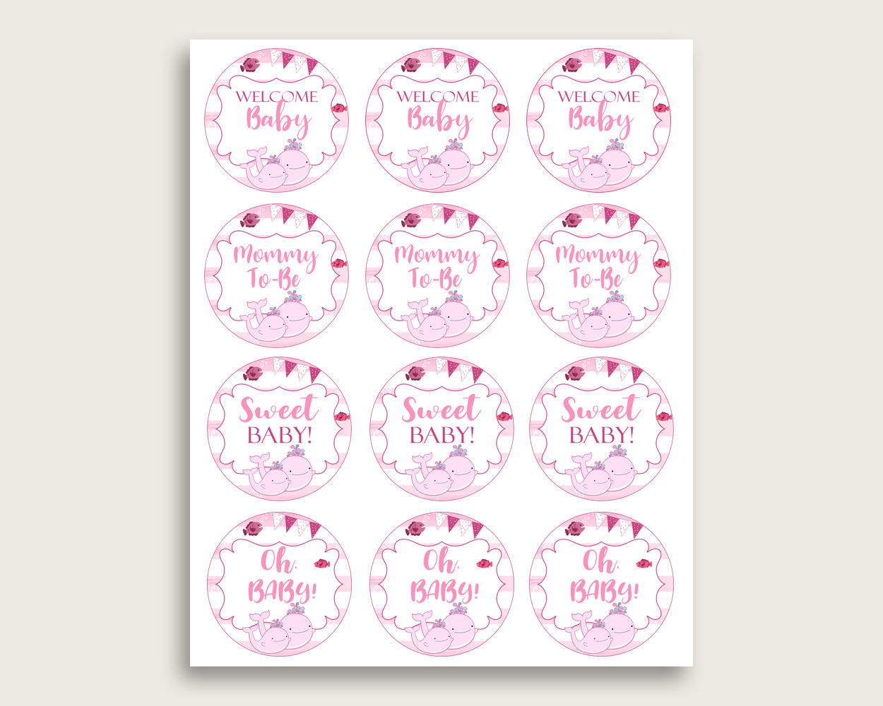 Pink Whale Cupcake Toppers, Pink White Cupcake Wrappers, Toppers Wrappers Baby Shower Girl, Instant Download, Watercolor Stripes wbl02