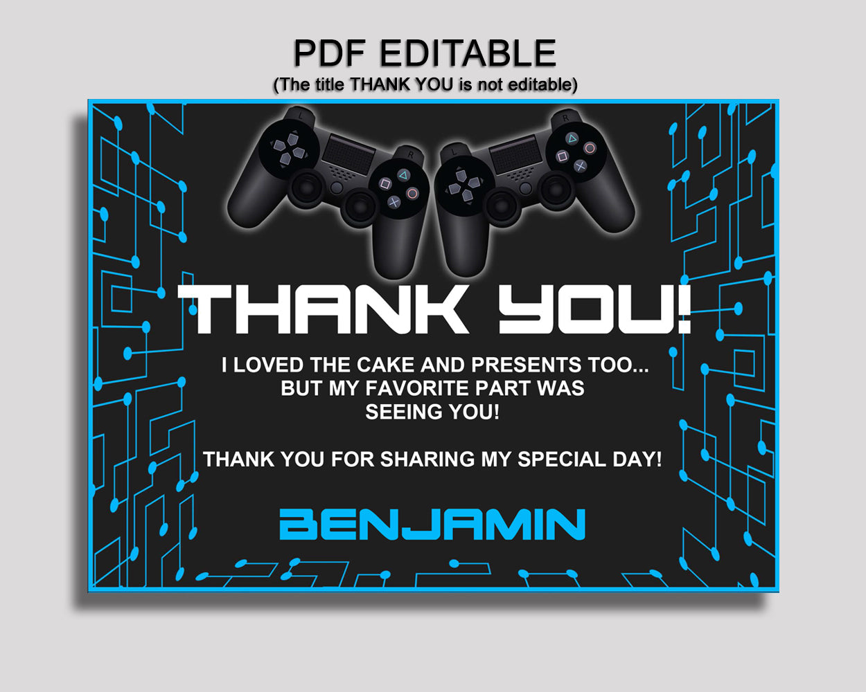 Video Game Thank You Card Video Game Birthday Thank You Black Blue Editable Video Game Printable Thank You Boy 5IAY6