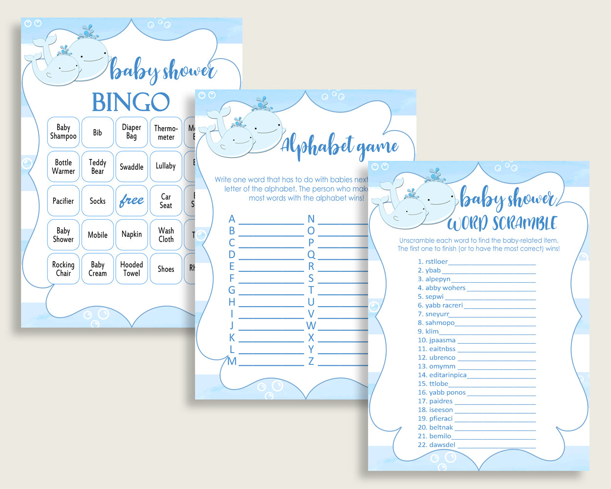 Whale Baby Shower Games Printable Pack, Blue White Baby Shower Games Package Boy, Whale Games Bundle Set, Instant Download, Light Blue wbl01